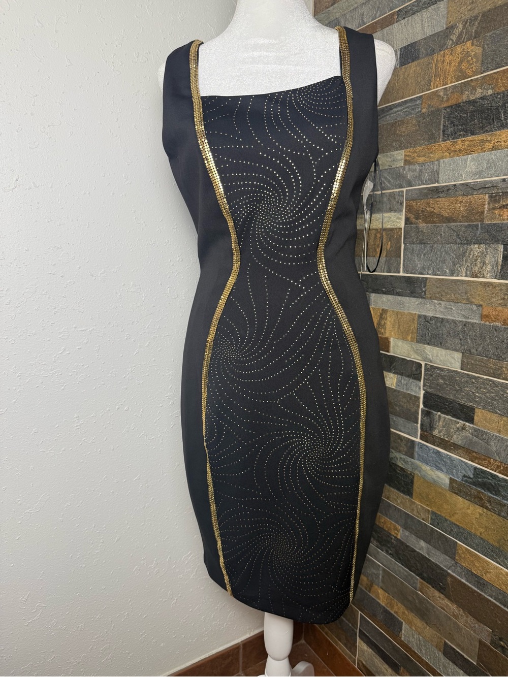 Jax Black Dress with Gold Trim and Spiral Studs Size 4 NWT